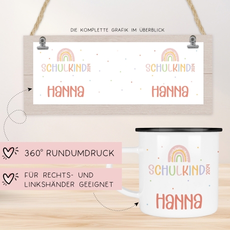 Schulanfang Regenbogen Kindertasse 2024 Schulkind Name Emaille Tasse Kind Kindergeschirr personalisiert Kinder Geschenk