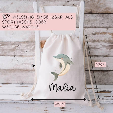 Stofftasche Delfin Delphin Personalisiert und Namen. Meer. Für Kindergarten und Schule - Wäschebeutel Wechselwäsche KITA | Mädchen & Junge