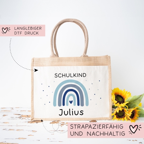 Einschulung - Personalisierte Jute Pocket Tasche | mit Wunschnamen | Schulkind Regenbogen Herz | Blau | als Geschenktasche für Schulanfang