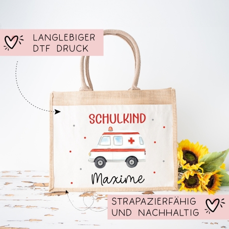 Krankenwagen Schulkind Tasche Wunschnamen 2024 | 100% Jute | RTW Rettungsfahrzeug | Geschenk Einschulung | Schultüte personalisiert | Schule