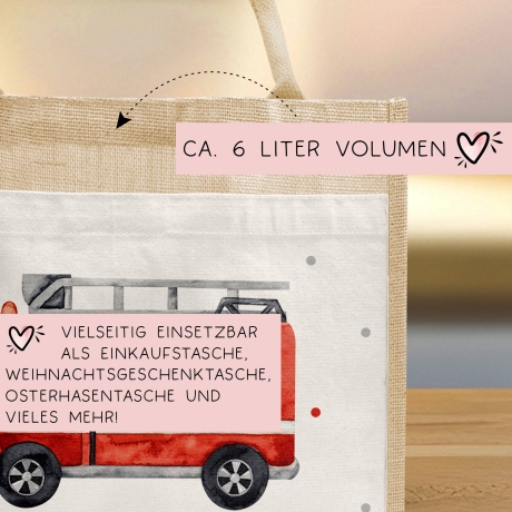 Feuerwehrwagen Pocket Tasche Wunschnamen | 100% Jute | Feuerwehrauto Löschfahrzeug | Geschenk zum Geburtstag, Nikolaus, Weihnachten Ostern