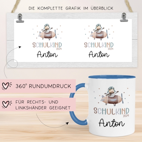 Kindertasse Schulkind 2024 mit Flugzeug-Motiv - personalisierte Kakao Tasse mit Namen - ideales Kindergeschirr - perfektes Geschenk Kinder