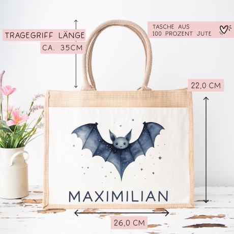 Personalisierte Halloween Tasche | Beutel mit Fledermaus und Name| Candy Bag mit Namen | Tragetasche für Kinder für Süßigkeiten an Halloween
