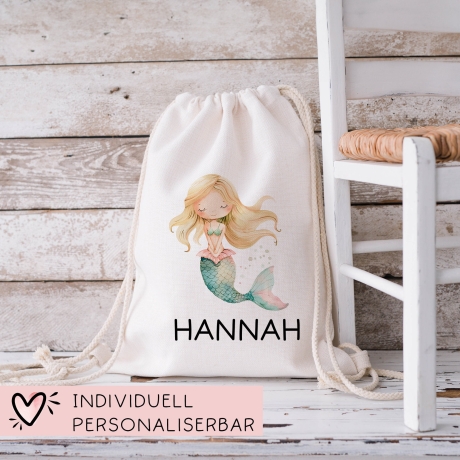 Meerjungfrau Wunschname Turnbeutel | Nixe Personalisiert - Rucksack Schule, Kindergarten, KITA, Wäschebeutel, Turnbeutel, Wechselwäsche - 06