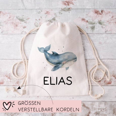 Personalisierter Turnbeutel Wal Wunschnamen |  Rucksack für Schule, Kindergarten, KITA , KIGA | als Wäschebeutel, Sportbeutel l Tierkinder