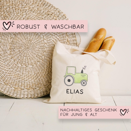 Traktor Grün Baumwolltasche Stofftasche Name - Kinder Beutel Jutetasche Kindertasche & Wunschname - Wechselwäsche - Tragetasche - Jutebeutel