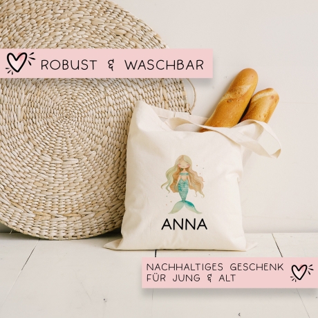 Einschulung Stofftasche Personalisiert Meerjungfrau Kindergarten Wäschebeutel Kinder-Beutel mit Wunschnamen für Schule, Wechselwäsche