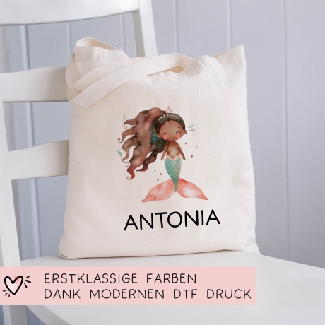 Kinder-Beutel Meerjungfrau Stofftasche Personalisiert mit Wunschnamen für Schule, Kindergarten,  Wäschebeutel, Sportbeutel, Wechselwäsche