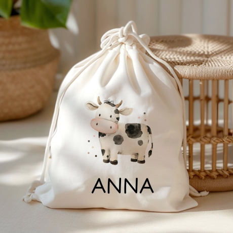 Stofftasche Kuh mit Namen personalisiert Kinder-Beutel als Sporttasche, Wechselwäsche, Stoffbeutel - Kita, Kiga, Schule & Kindergarten
