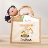 Bagger Schulkind 2024 Pocket Tasche mit Wunschnamen | 100% Jute | Schaufelbagger Baustelle | Geschenk Einschulung | Schultüte personalisiert