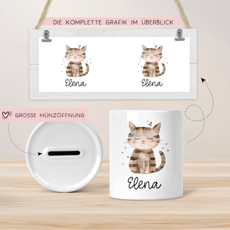 Personalisierte Kinder Spardose Katze Tier mit Namen optional mit Datum - Braun - Geschenk für Junge & Mädchen zum Geburtstag Weihnachten