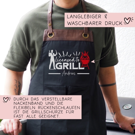 Grillschürze personalisiert Lizenz zum Grillen für Männer mit Name & Kunstleder zum Geburtstag - Weihnachten Baumwollschürze, Küchenschürze