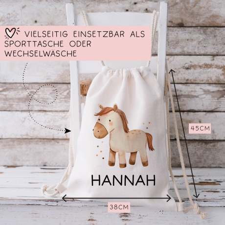 Personalisierter Turnbeutel Pferd mit Wunschnamen |  Rucksack für Schule, Kindergarten, KITA , KIGA Wäschebeutel, Sportbeutel l Tierkinder