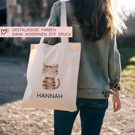 Kinder-Beutel mit Namen personalisiert - Katze - Stofftasche als Sporttasche, Wechselwäsche, Tragetasche - Kita, Kiga, Schule & Kindergarten