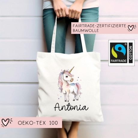 Stofftasche Beutel Namen Einhorn - Personalisierte Kinder Beutel Kindertasche - Wechselwäsche, Schmutzwäsche Tragetasche - Wechselkleidung