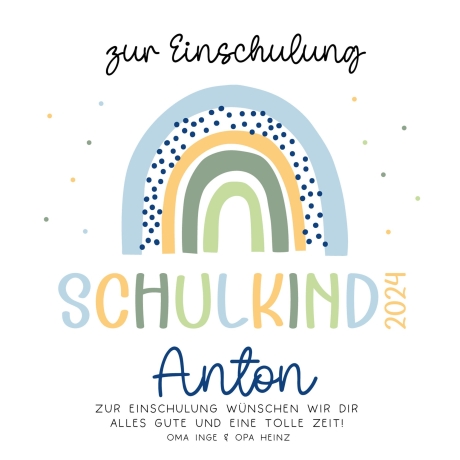 Spardose Regenbogen Blau Boho Schulkind 2024 Einschulung mit Wunschname Name Kind personalisiert Kinder mit optionalen Wunschtext