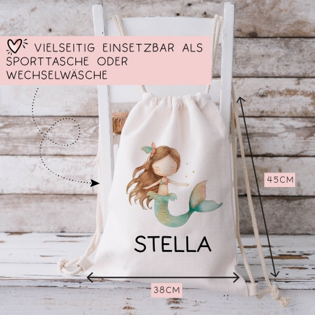 Sportbeutel Meerjungfrau Personalisiert | Nixe mit Wunschnamen Rucksack Schule, Kindergarten, KITA, Wäschebeutel, Turnbeutel, Wechselwäsche