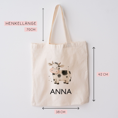 Personalisierter Turnbeutel mit einer Kuh | mit Wunschnamen | Tierkinder | Rucksack für Schule, Kindergarten, KITA und KIGA Wäschebeutel