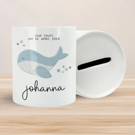 Personalisierte Spardose zur Taufe Motiv: Wal - mit Wunschnamen-Geschenk für Jungen & Mädchen zur Kommunion, Konfirmation, Firmung, Geschenk