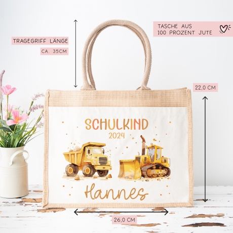 Schulkind Tasche 2024, Baustelle Kipper & LKW, Schultasche, Geschenk Einschulung, personalisierte Jutetasche, Einschulungsgeschenk