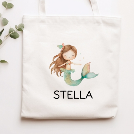Kindergarten Einschulung Meerjungfrau Kinder-Beutel Stofftasche Personalisiert mit Wunschnamen für Schule, Wäschebeutel, Wechselwäsche
