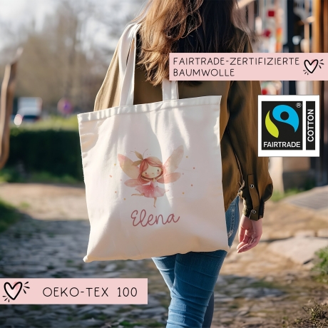 Ballerina Fee Stofftasche Einkaufstasche Kinder-Beutel mit Namen als Sporttasche, Wechselwäsche, Tragetasche -für Kita Schule & Kindergarten