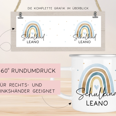 Schulanfang Schulkind Emaille Tasse Becher | Personalisiert mit Wunschnamen | Kindertasse zur Einschulung | Regenbogen im Aquarell-Stil
