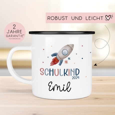 Schulanfang Schulkind 2024 Emaille-Tasse | Personalisiert mit Wunschnamen | Kindertasse zur Einschulung | Astronaut mit Rakete-Motiv