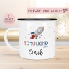 Schulanfang Schulkind 2024 Emaille-Tasse | Personalisiert mit Wunschnamen | Kindertasse zur Einschulung | Astronaut mit Rakete-Motiv