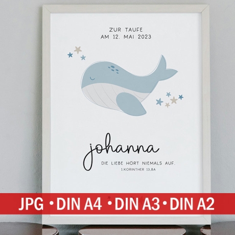 Personalisiertes Poster zur Taufe mit eigenen Namen und Taufspruch mit einem Wal | Taufposter| Geschenk zur Taufe | Geschenk für Patenkind