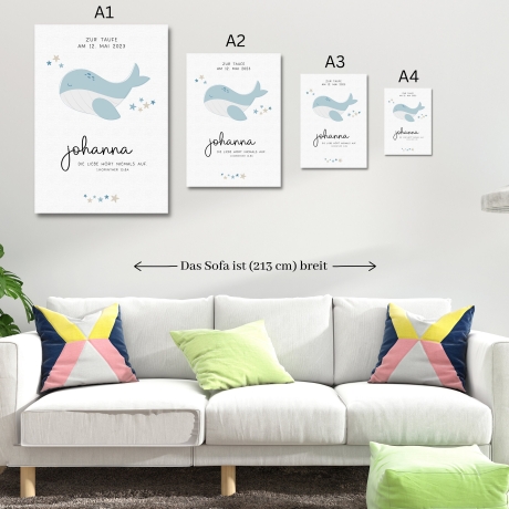 Personalisiertes Poster zur Taufe mit eigenen Namen und Taufspruch mit einem Wal | Taufposter| Geschenk zur Taufe | Geschenk für Patenkind