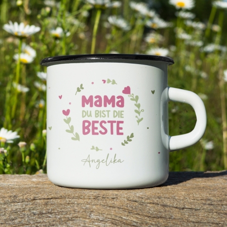 Personalisierter Emaille-Becher/Tasse zum Muttertag: Mama, du bist die Beste mit [Wunschname].Ein Geschenk für Geburtstag oder Dankeschön.