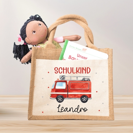 Feuerwehrauto Schulkind Tasche Wunschnamen 2024 | 100% Jute | Löschzug Brandwache | Geschenk Einschulung | Schultüte personalisiert | Schule