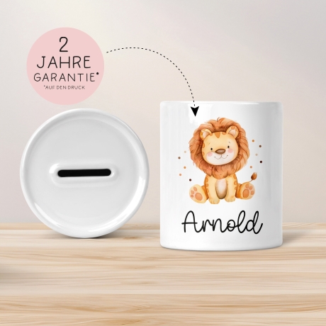 Personalisierte Kinder Spardose Löwe Tier mit Namen optional mit Datum - Gelb - Geschenk für Junge & Mädchen zum Geburtstag Weihnachten