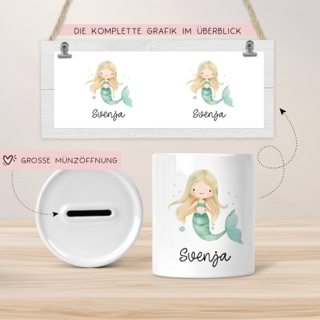 Spardose Meerjungfrau Personalisiert mit Name oder Wunschnamen für Mädchen aus Keramik. Geschenk Taufe, Geburtstag od. Weihnachten - 04
