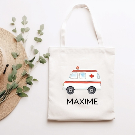 Krankenwagen Stofftasche Personalisiert mit Namen. Rettungswagen für Schule und Kindergarten - Wäschebeutel Wechselwäsche | Mädchen & Junge