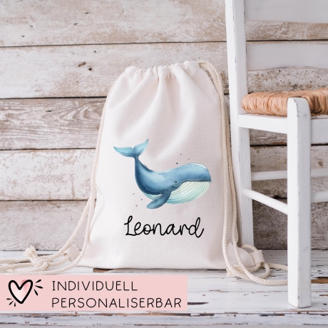 Turnbeutel Wäschebeutel Wal Blauwal - Personalisiert - Wunschnamen - Schule - mit Name - Rucksack - Wechselkleidung - Weihnachten