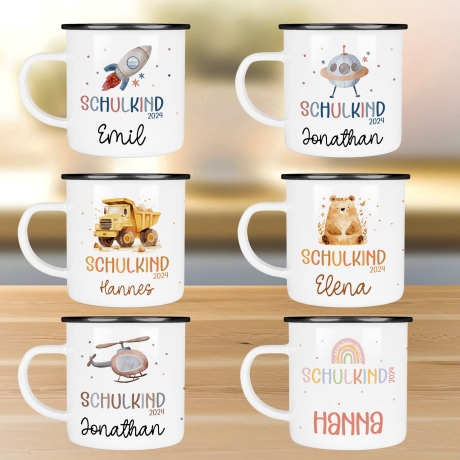 Schulanfang Kindertasse Schulkind 2024 Einschulung Name Emaille Tasse Kind personalisiert Kinder Hubschrauber LKW Rakete Regenbogen Bär Ufo