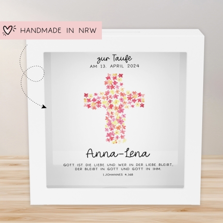 Kreuz Pink Holz Spardose Taufe personalisiert mit Namen zur Geburt Kommunion Konfirmation eines Kindes mit Taufspruch als Geldgeschenk