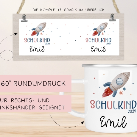Schulanfang Schulkind 2024 Emaille Tasse | Personalisierte mit Wunschnamen | Kindertasse zur Einschulung | Astronaut mit Rakete