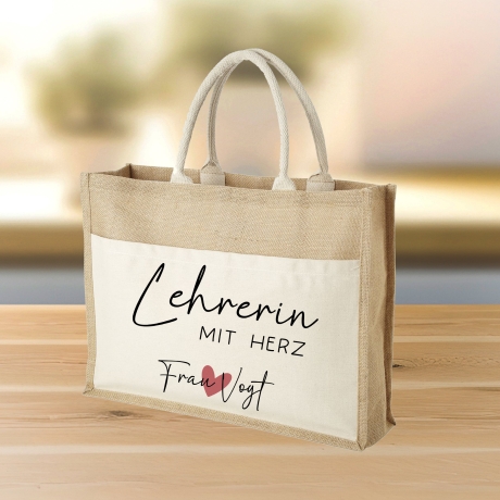 Lehrerin mit Herz Tasche mit Namen 14 Liter - kleines Geschenk - Dankeschön Juteasche Abschiedsgeschenk - Beste Lehrerin mit Wunschtext