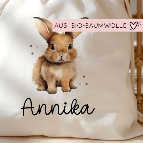Stofftasche mit Namen Hase Rammler - Personalisierte Kinder Beutel Kindertasche - Wechselwäsche, Schmutzwäsche Tragetasche - Wechselkleidung