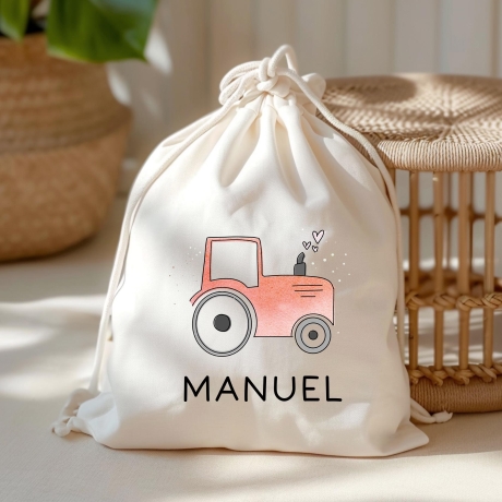 Turnbeutel Traktor Rot Personalisierter Trecker - Sportbeutel mit Namen - Beutel für Wechselwäsche für Schule Kindergarten - Weihnachten