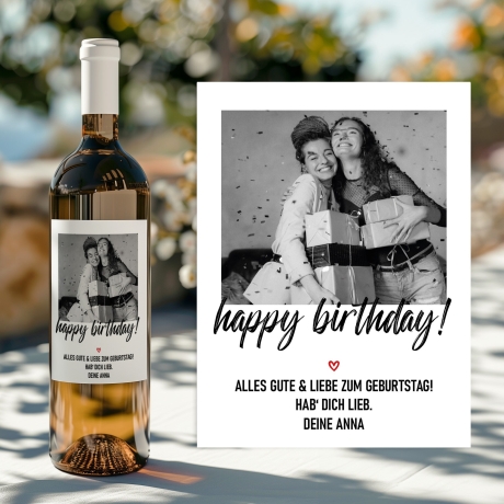 Personalisiertes - Weinetikett Geburtstags-Flaschenetikett Happy Birthday mit Foto & Namen - Schwarz