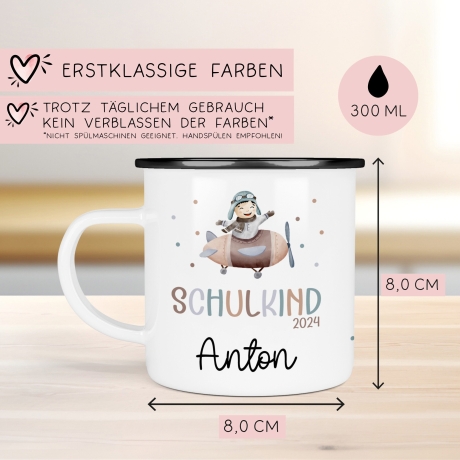 Schulanfang  Kindertasse Schulkind mit Flugzeug-Motiv - personalisierte Emaille-Tasse mit Namen - ideales Kindergeschirr