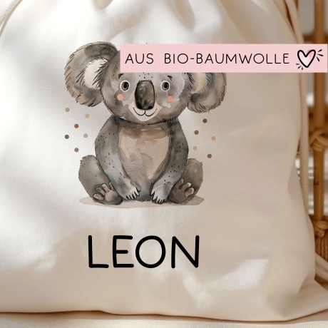 Personalisierter Turnbeutel mit einem Koala | mit Wunschnamen | Tierkinder | Rucksack für Schule, Kindergarten, KITA und KIGA Wäschebeutel