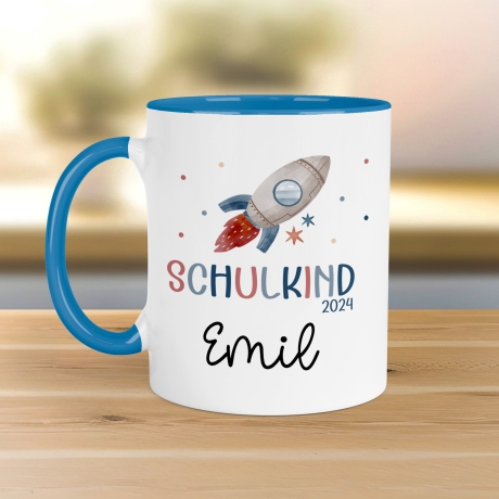 Schulkind 2024 Rakete Tasse Personalisiert mit Wunschnamen Kindertasse mit Namen zur Einschulung