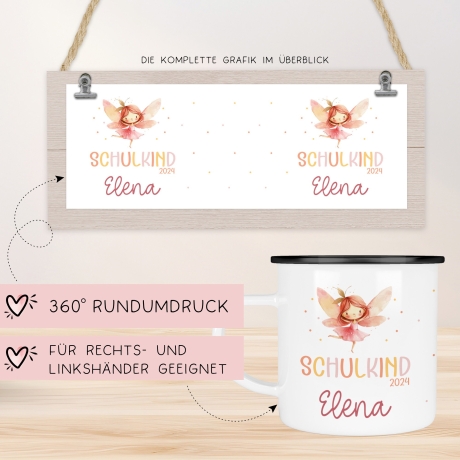Ballerina Kindertasse Schulanfang  Schulkind 2024 Fee Name Emaille Tasse Kind Kindergeschirr personalisiert Kinder Geschenk