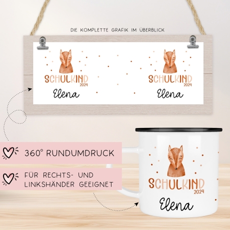 Kindertasse Schulkind 2024 mit Fuchs-Motiv - personalisierte Emaille-Tasse mit Namen - ideales Kindergeschirr Schulanfang