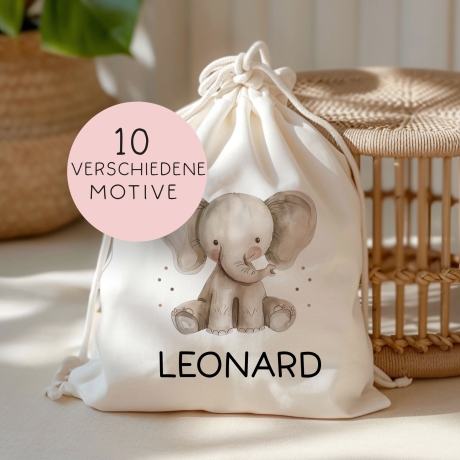 Personalisierter Turnbeutel Affe, Elefant, Hund, Katze, Kuh, Tiger, Löwe, Pferd, Wal, Hase | Kindergarten, KITA , KIGA | als Wäschebeutel